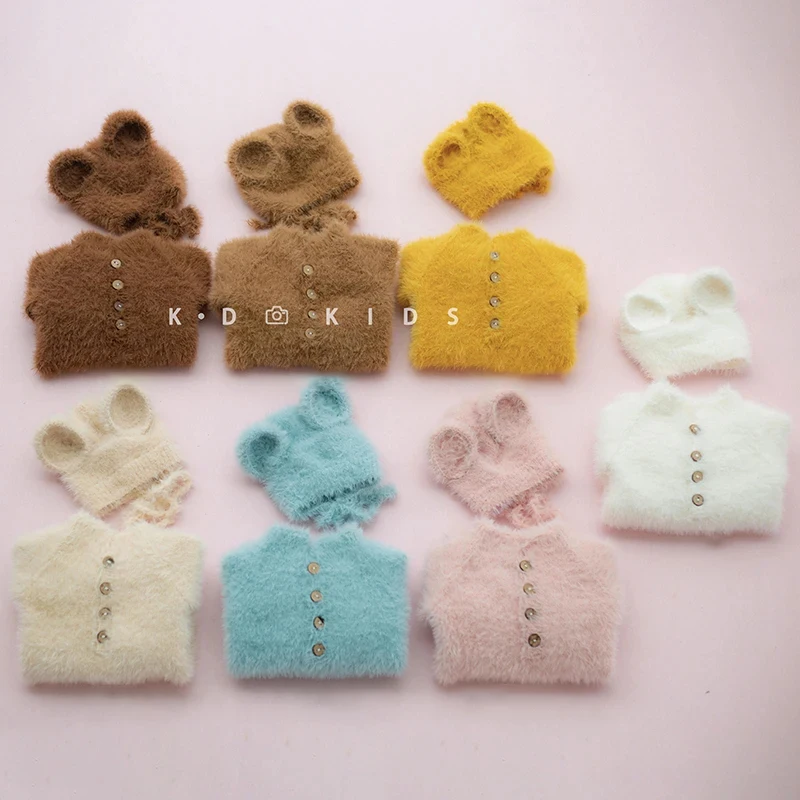 Foto del bambino Orso lavorato a maglia Abbigliamento Animale carino Tuta Cappello 2 pezzi / set Morbido costume per capelli cavalluccio marino Accessori per fotografia neonato