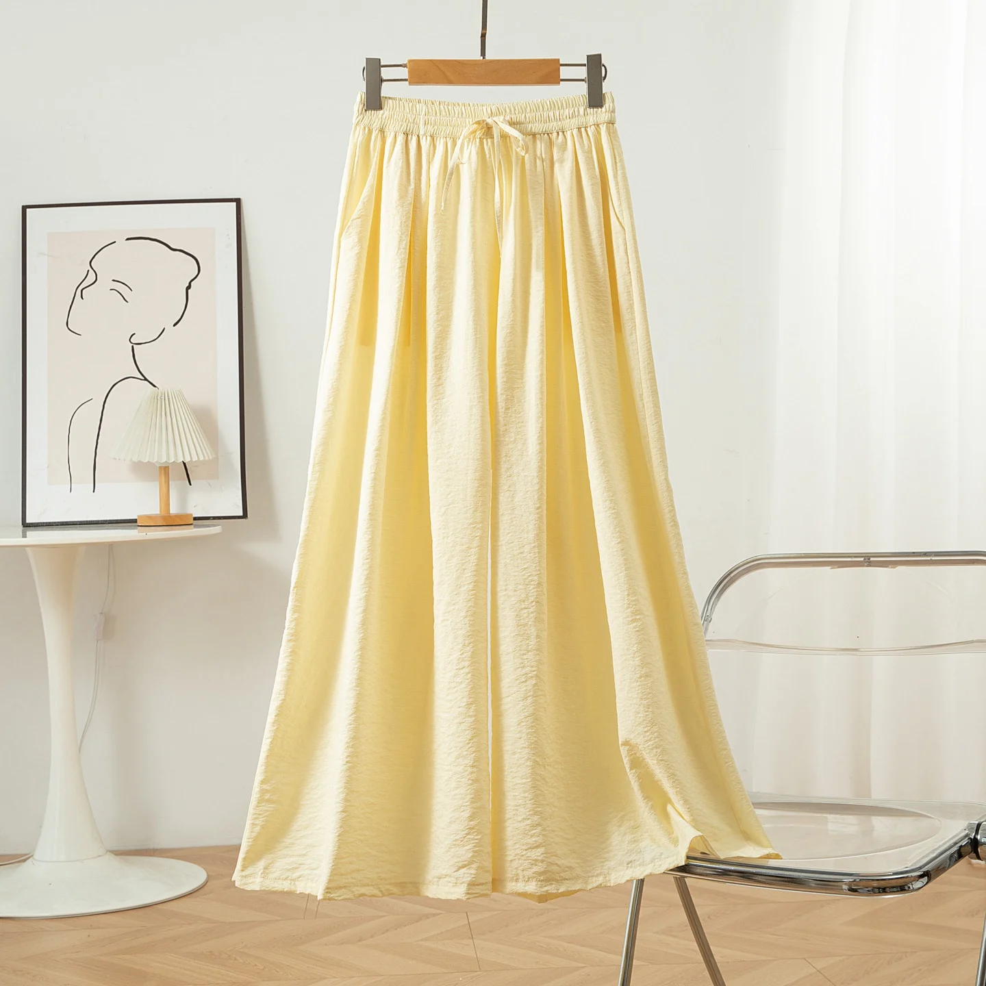 Relaxation 78% Natural Mulberry Silk Lazy Dried Silk Elastic Waist Air Feeling Solid Color Women's Wide Leg Pants