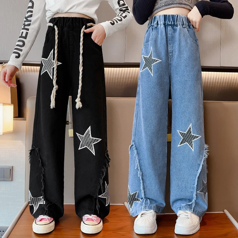 

Spring Children's Brand Jeans 2023 New Girls' Star Wide Leg Pants Elastic Waist Comfortable Autumn Boys' Freight Pants Summer