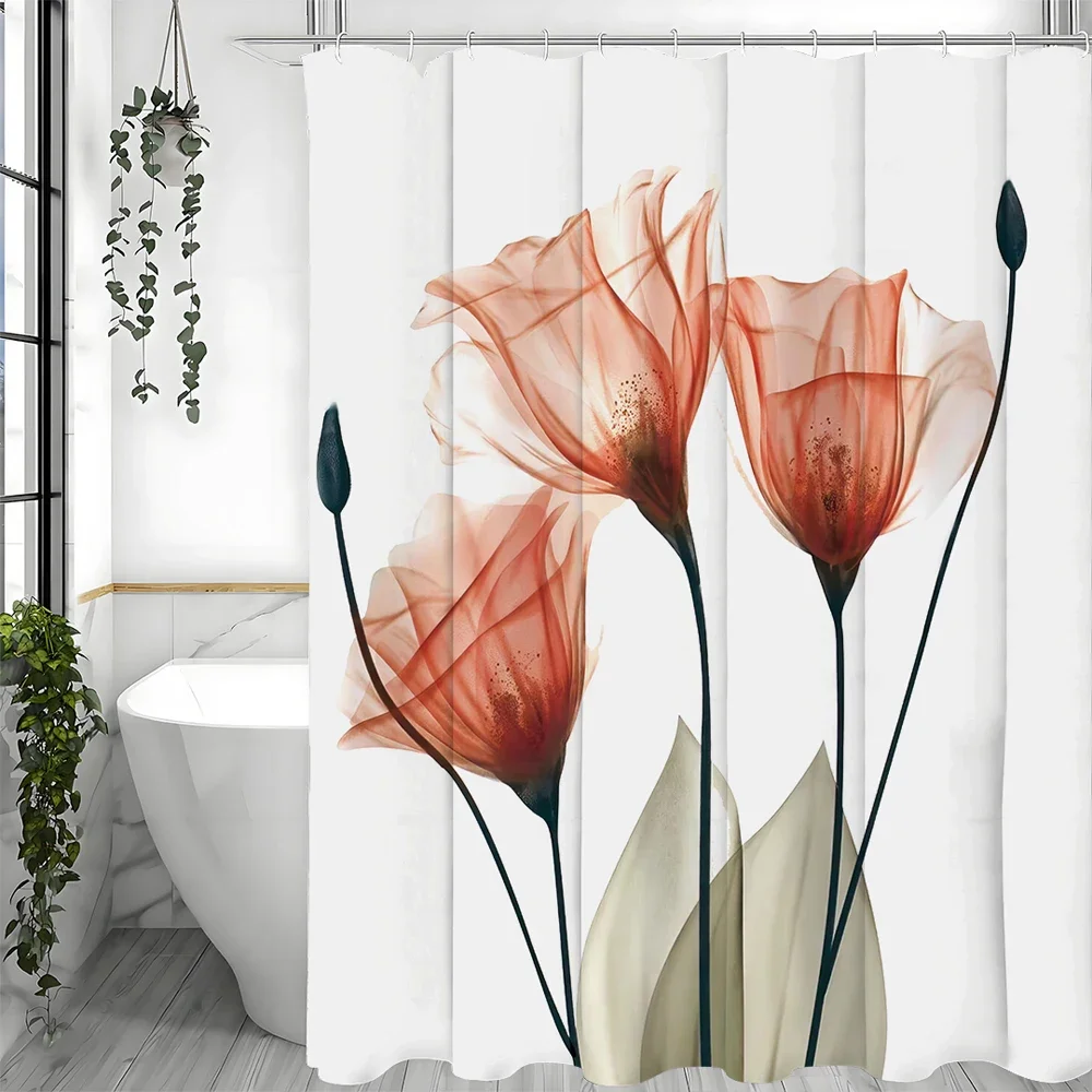 

Orange Flower Shower Curtain with Watercolor Tulip Design for Bathroom, Waterproof Polyester Fabric Shower Curtain with Hooks, W