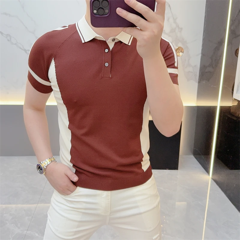 

Autumn Contrasting Lapel Knitted T-shirt for Men Ice Silk Breathable Casual Business POLO Shirts Handsome Versatile Sweater Tops