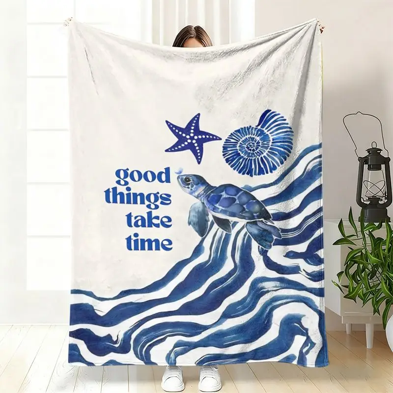 VIKAMA Ocean Sea Turtle Flannel Air Conditioner Throw Blanket Starfish Conch Wave Print Soft Warm Sofa Bedroom Decor