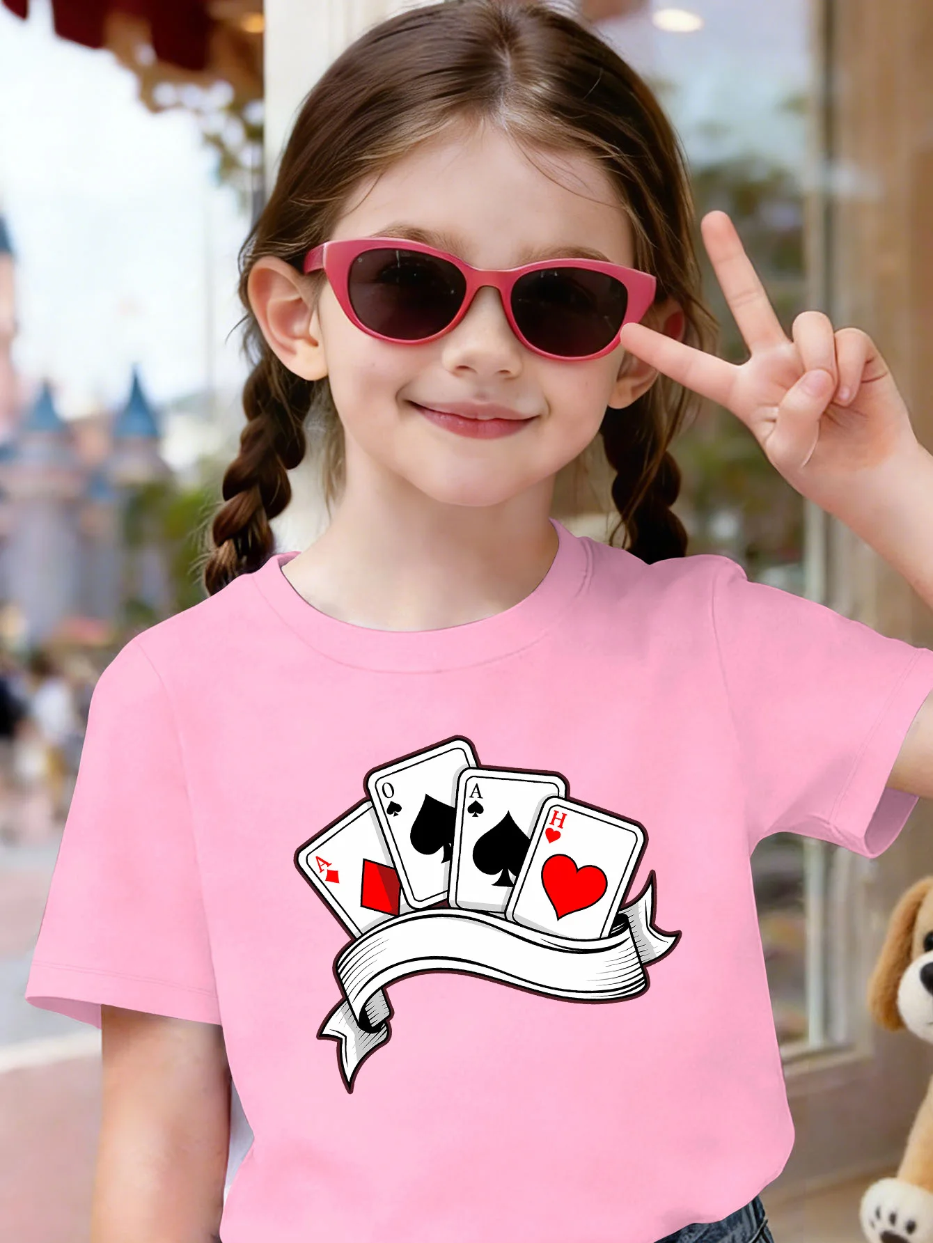 Playing Cards Ribbon Fashion Pattern Kids T Shirt Boys Girls Short Sleeve Crew Neck Cotton Parent Matching Tops Toddler Youth