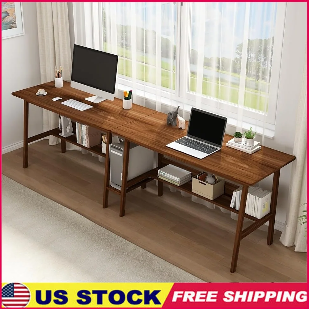 

2-Person Writing Desk with Bookshelf Long Computer Workstation Home Office Table Minimalist Design Durable MDF Solid Wood Legs