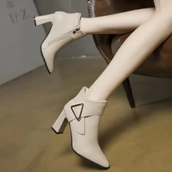 Women's High Heels Short Boots Spring Autumn Belt Buckle Ankle Boots Female Bottes High Top Leather Shoes Waterproof Woman Pumps