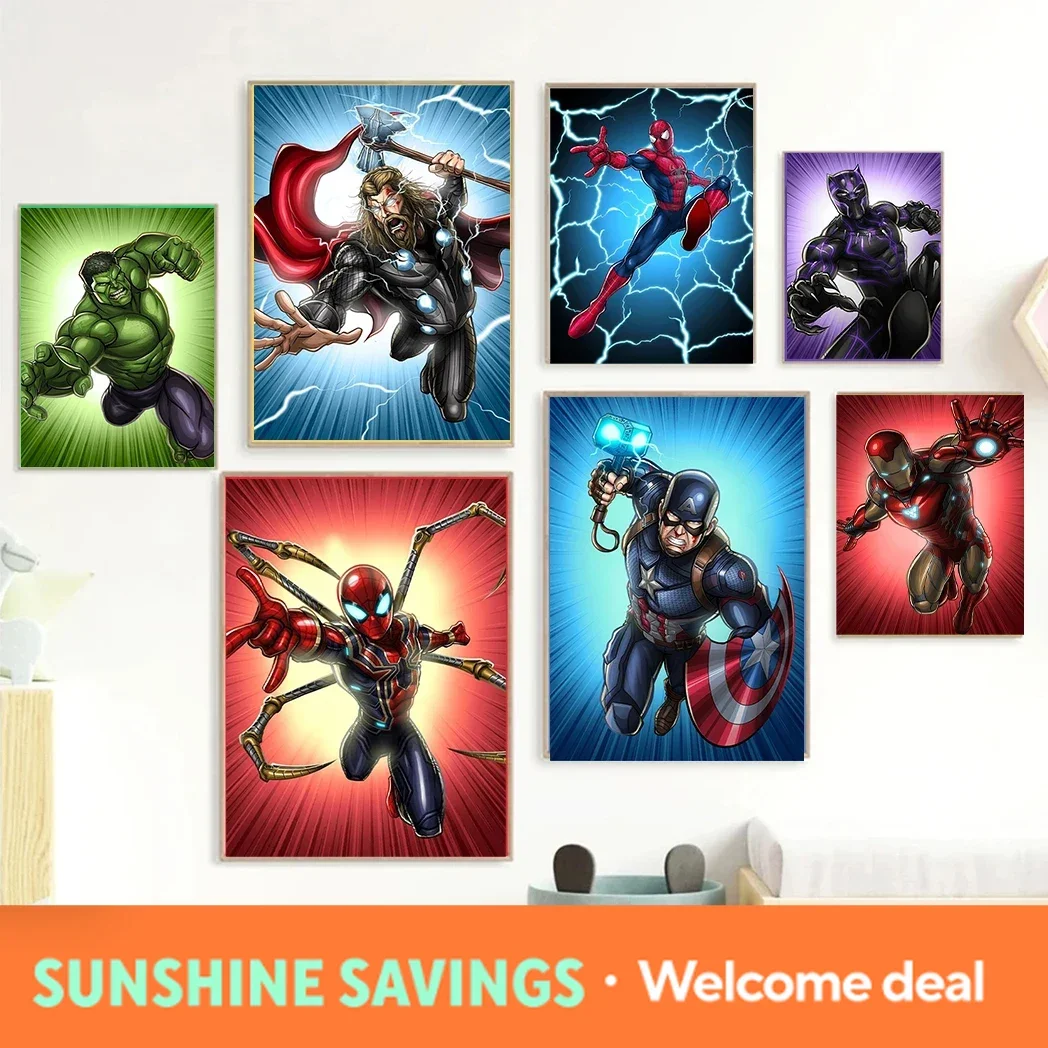 

new Marvel Superhero Wall Art Posters SpiderMan Iron Man Avengers Cartoon Diamond Painting Print Modern Kid Room Home Decorati