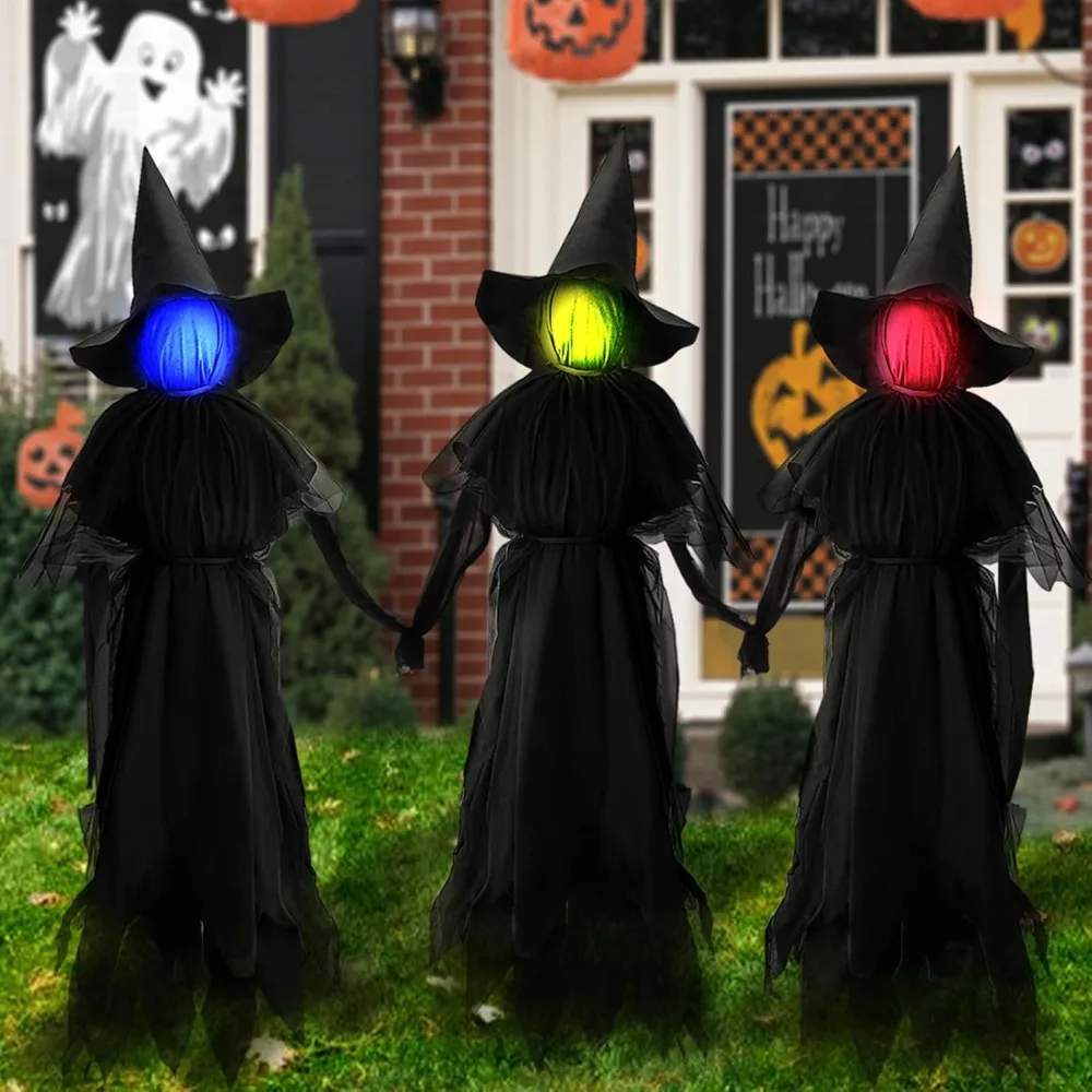 

Halloween Decorations Outdoor, 3 Witches Holding Hands, Light Up Holding Hands Screaming Witches with Stakes Sound-Activated Sen