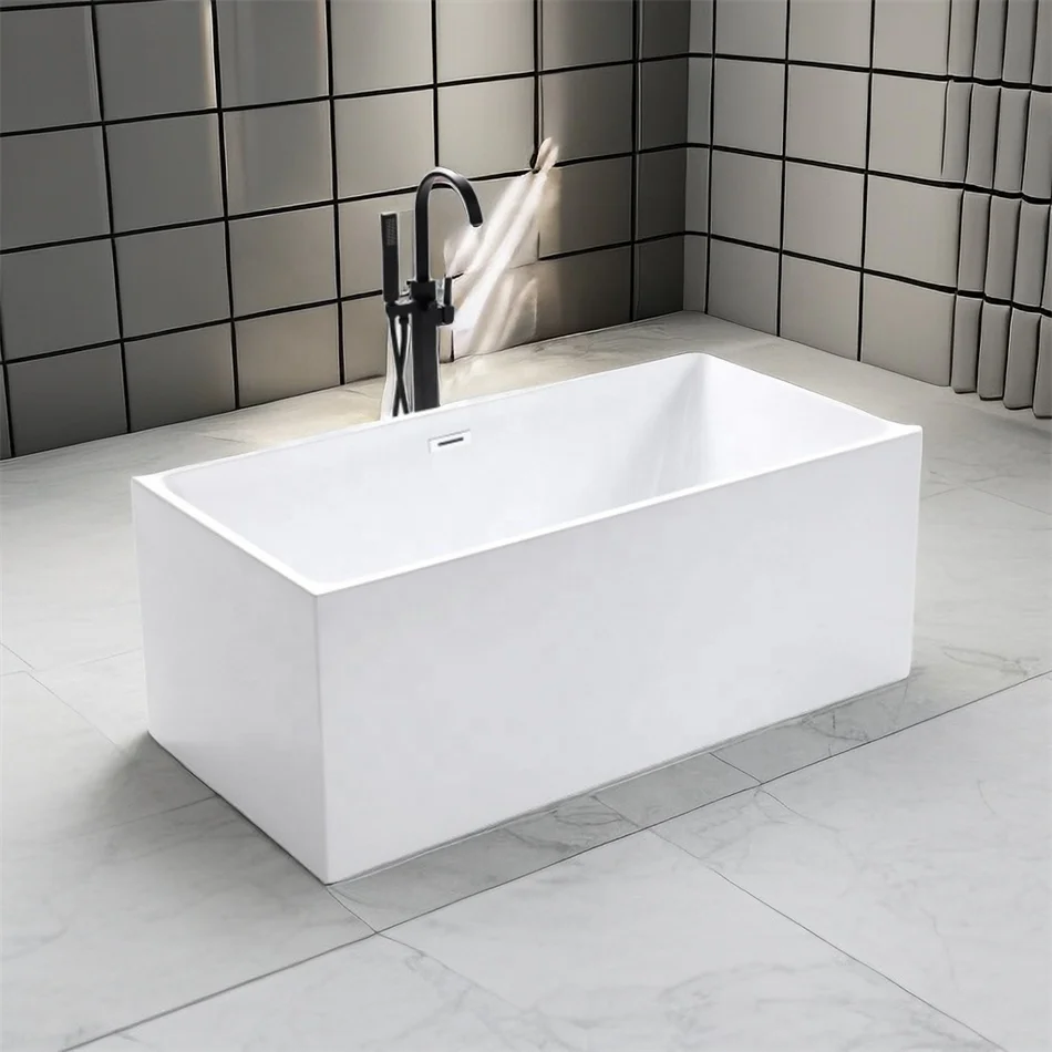 Oumeiga 1400mm White Acrylic Freestanding Soaking Bathtub Modern Design with Drainer Home Hotel Use Rectangle 1 Person