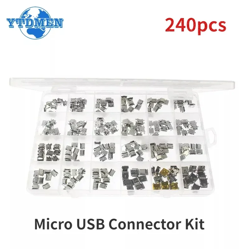 240Pcs Micro USB Connector 24 Models Jack Socket Connectors Jack Set Connectors for MP3 SMD DIP Socket Kit