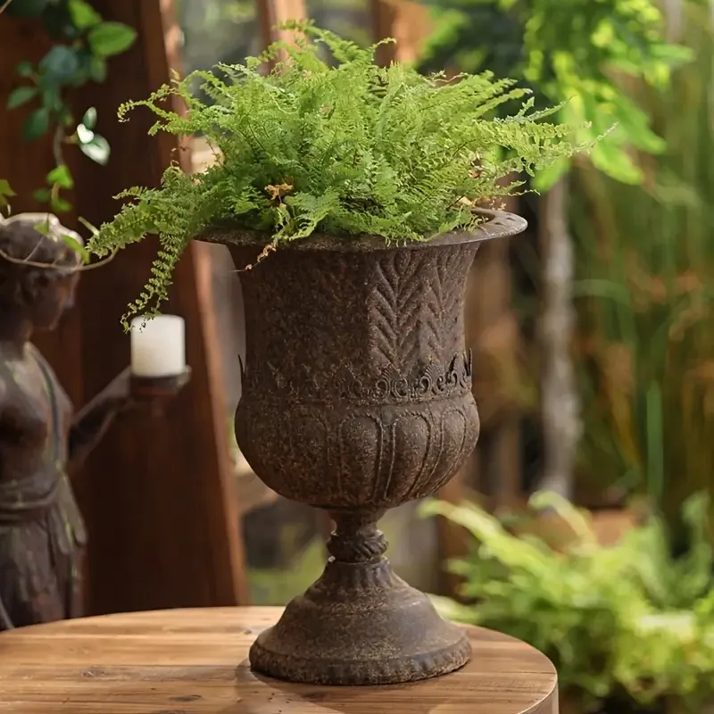 Roman Classical Iron Urn Planter, Vintage Pedestal Garden Vase, Architectural Antique Decor, Faux Flower Display, 40cm
