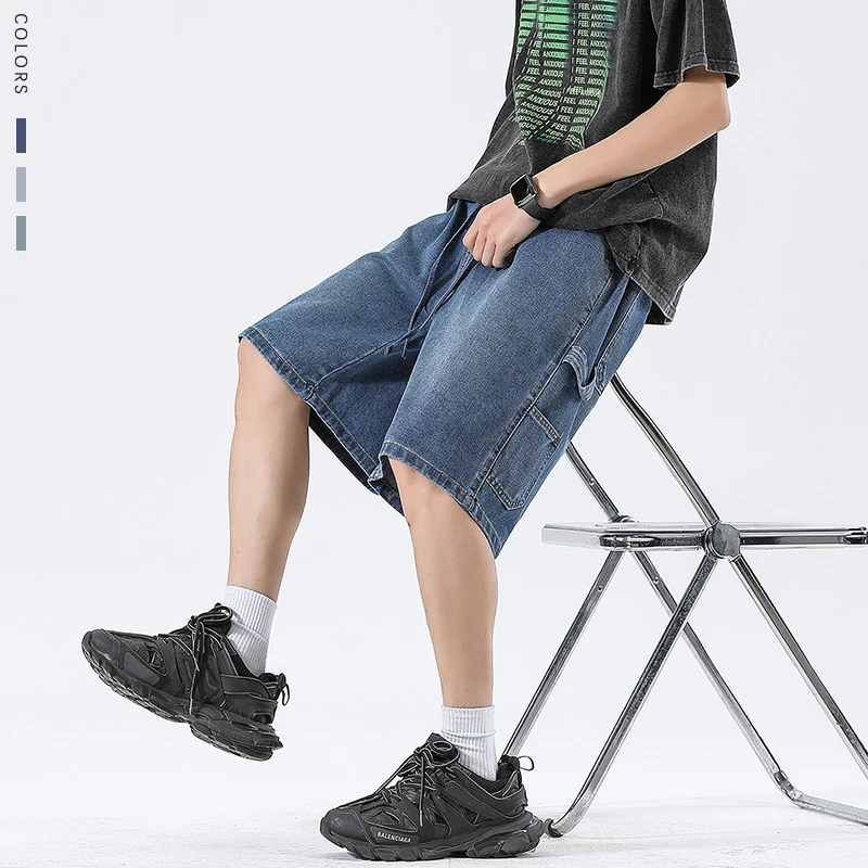 

2025 летние мужские джинсовые шорты, свободная модная уличная одежда, индивидуальные сращенные ​ ​ Мешковатые короткие джинсы-карго для скейтборда в стиле хип-хоп