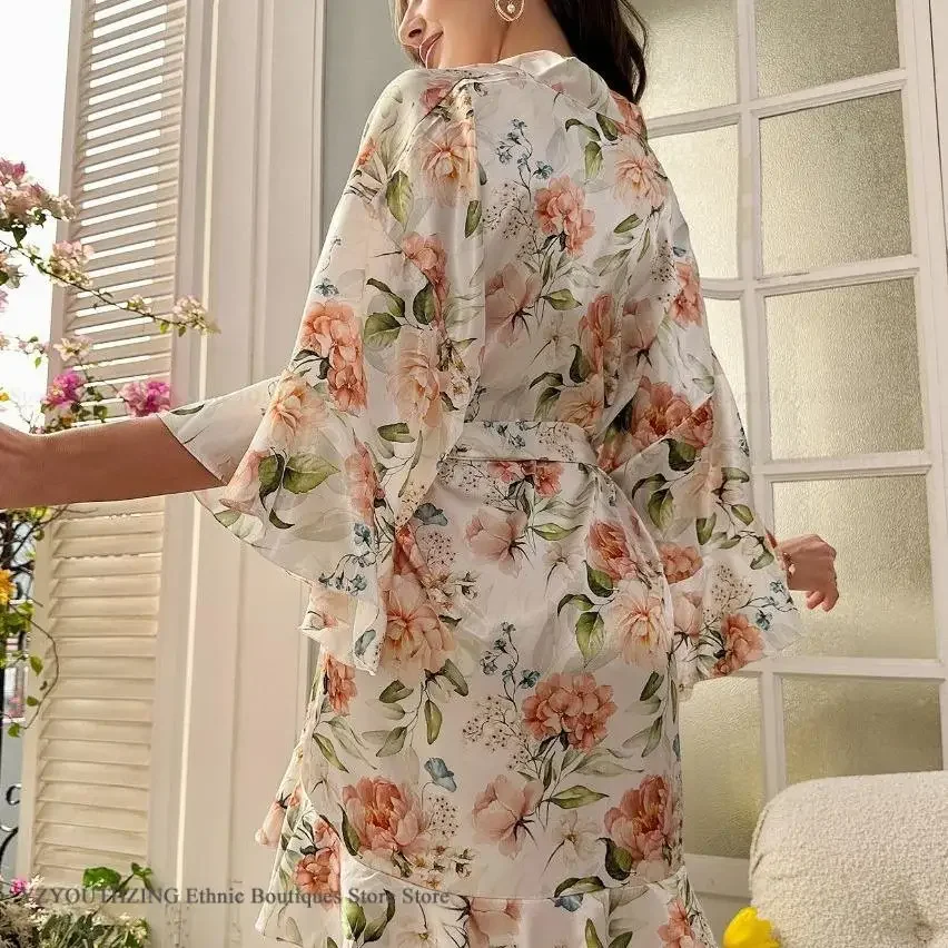 Spring Summer New Women's Sleepwear Robe Print Flower Kimono Bathrobe Gown Loose Night Dress Home Wear Ice Silk Loungewear