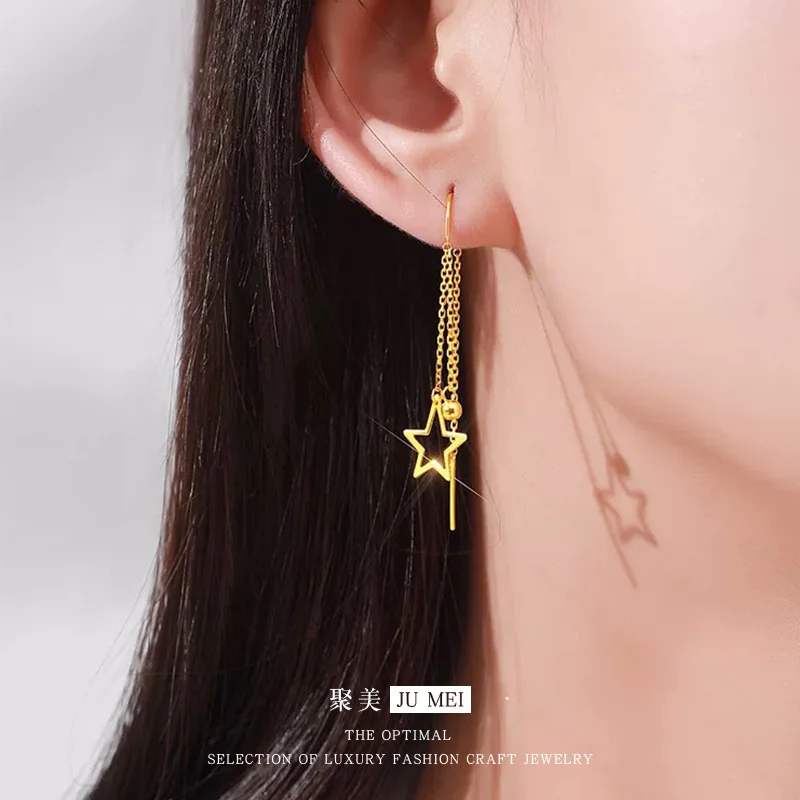 New earrings 24K long high-end star earrings 9999 real gold fashion classic star ear cable for mother