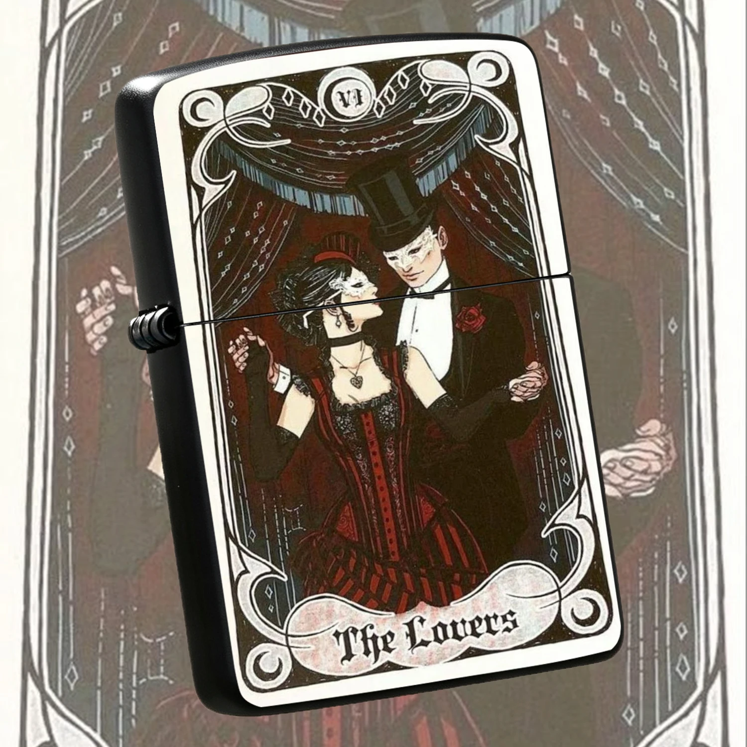 Vintage Tarot The Lovers Pattern Exquisite Art Nouveau Masquerade Dancer Couple Design Collectible Pocket Unique Creative Gift For Partner Artistic Decorative Portable Igniter For Daily Use A Fun And Humorous Lighter
