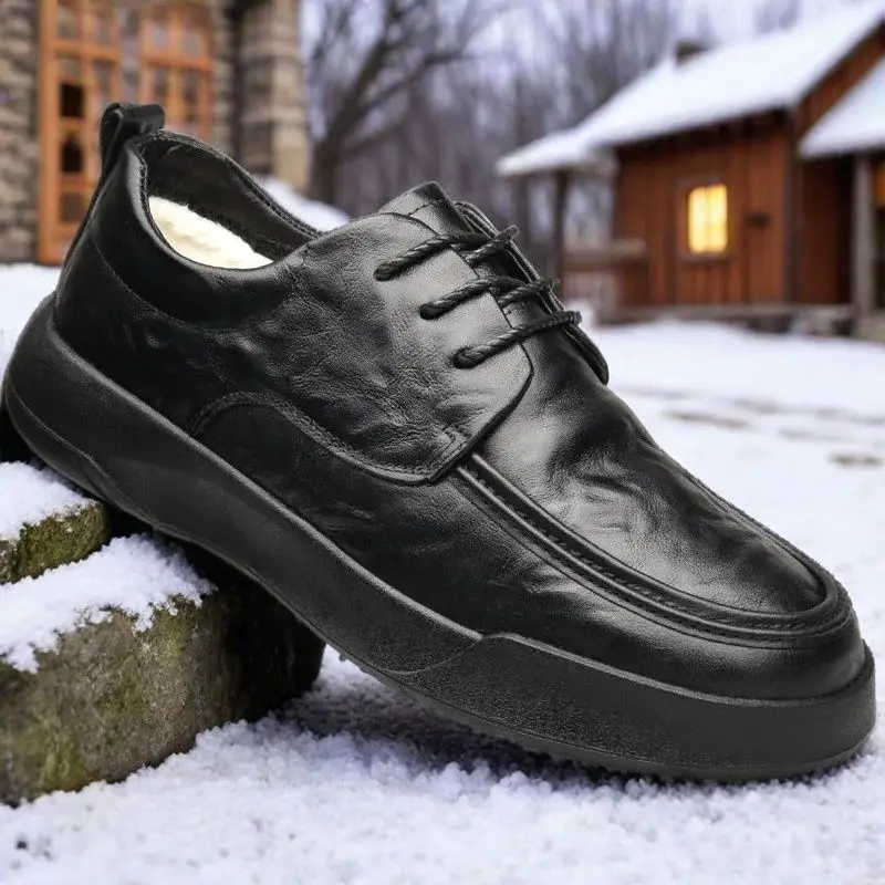 

Мужская обувь из натуральной кожи, роскошные деловые короткие плюшевые туфли на плоской подошве, модная обувь из воловьей кожи на платформе, скейтборд, пух, теплая зимняя флисовая обувь