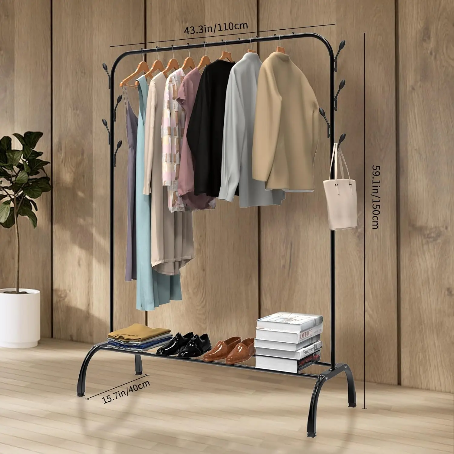 Heavy Duty Clothes Rail, 150cm Height Clothing Rack with Hooks, Bottom Rack, Freestanding Rails for Home,Room, Office, Shop