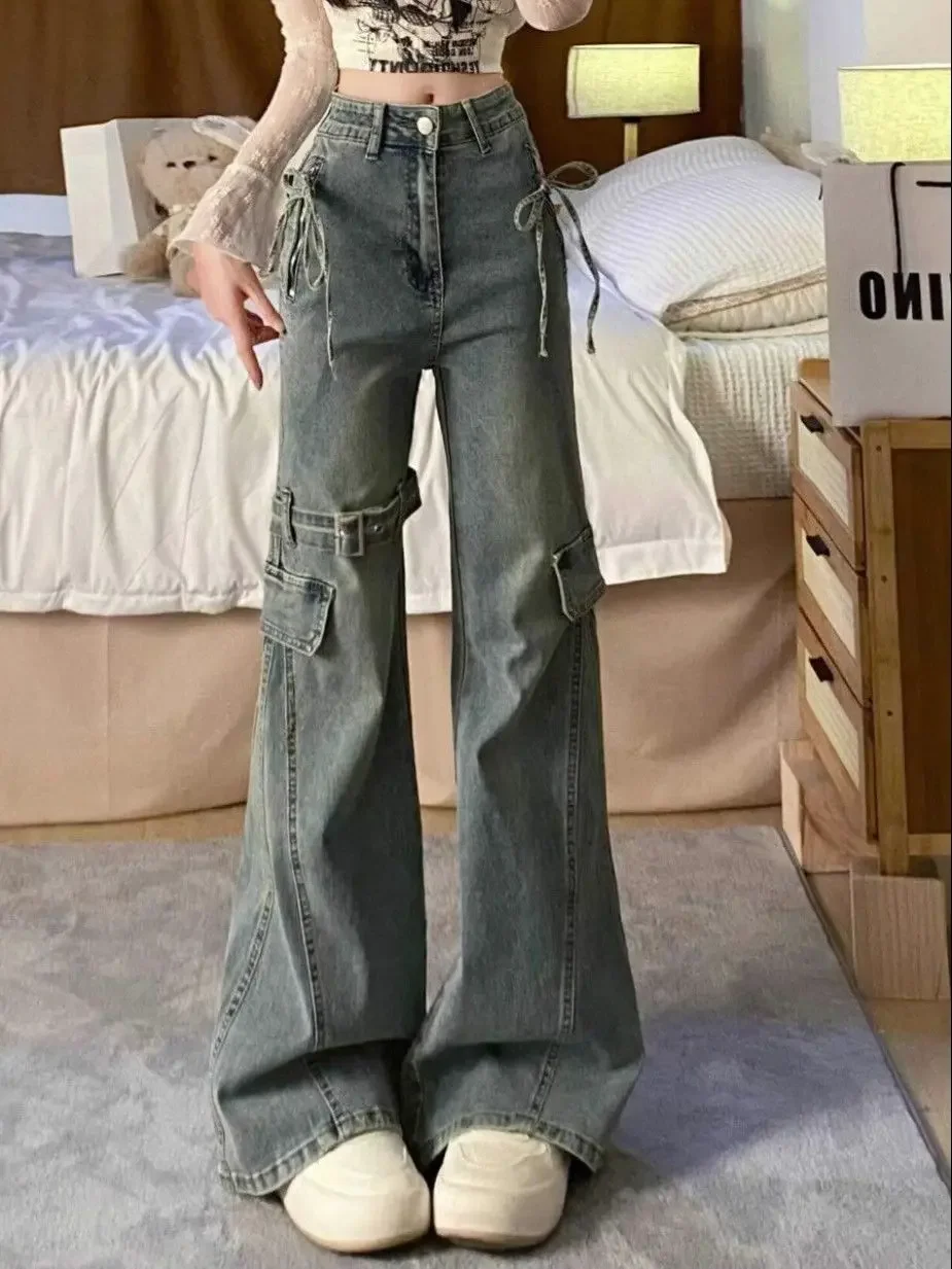 Vintage Belt Splicing Micro Flared Jeans  Aesthetic Y2k Women New Spicy Girl with High Waist Baggy Slim Fit Cargo Pants