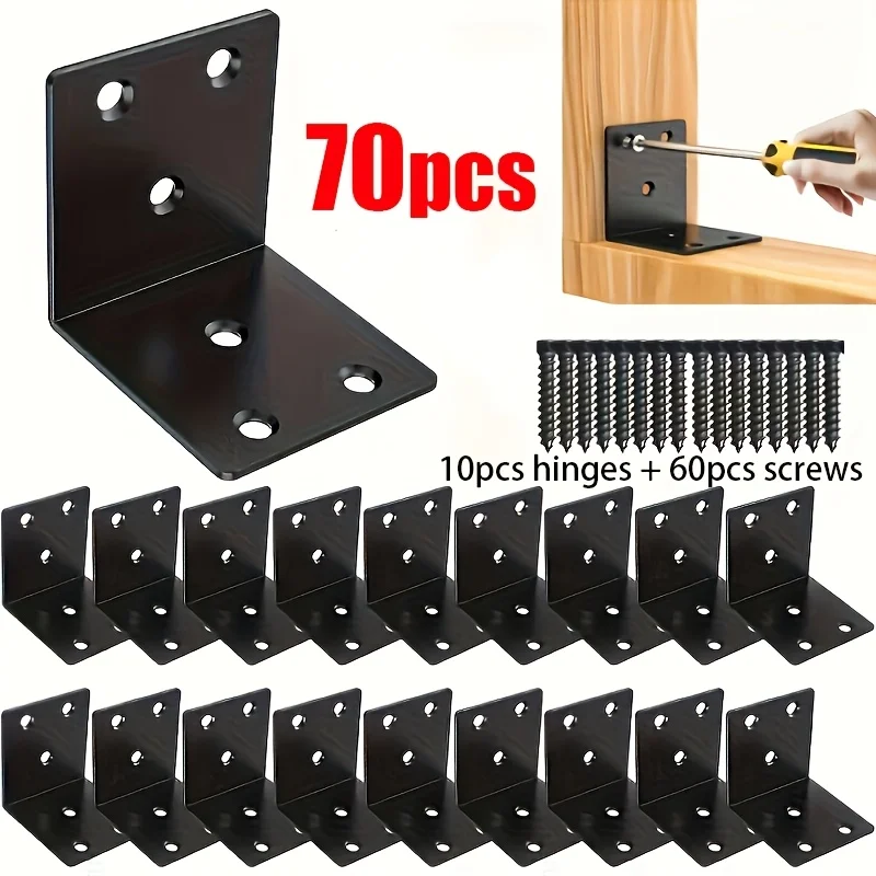 70 Pieces Heavy-duty Black Metal Angle Brackets Set, 10 Pieces of Angle Brackets and 60 Pieces of Screws.Furniture Angle Iron