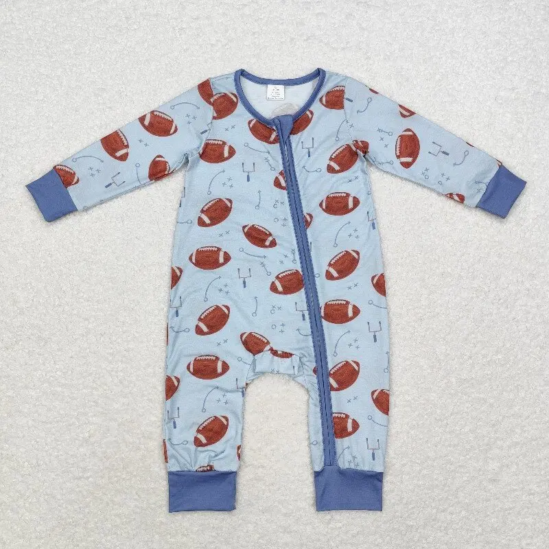 8.21y Winter Rugby Pattern Baby Romper for Boys Blue Zipper Long Sleeve Bamboo Onesie Wholesale Boutique Infant Clothing