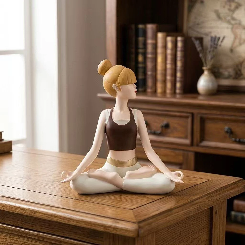 Yoga Girl Statue, Sandstone Texture Resin Crafts, Zen  Decor for Office Desk Shelf, Fitness Lady Sculpture Home Decoration Gift.