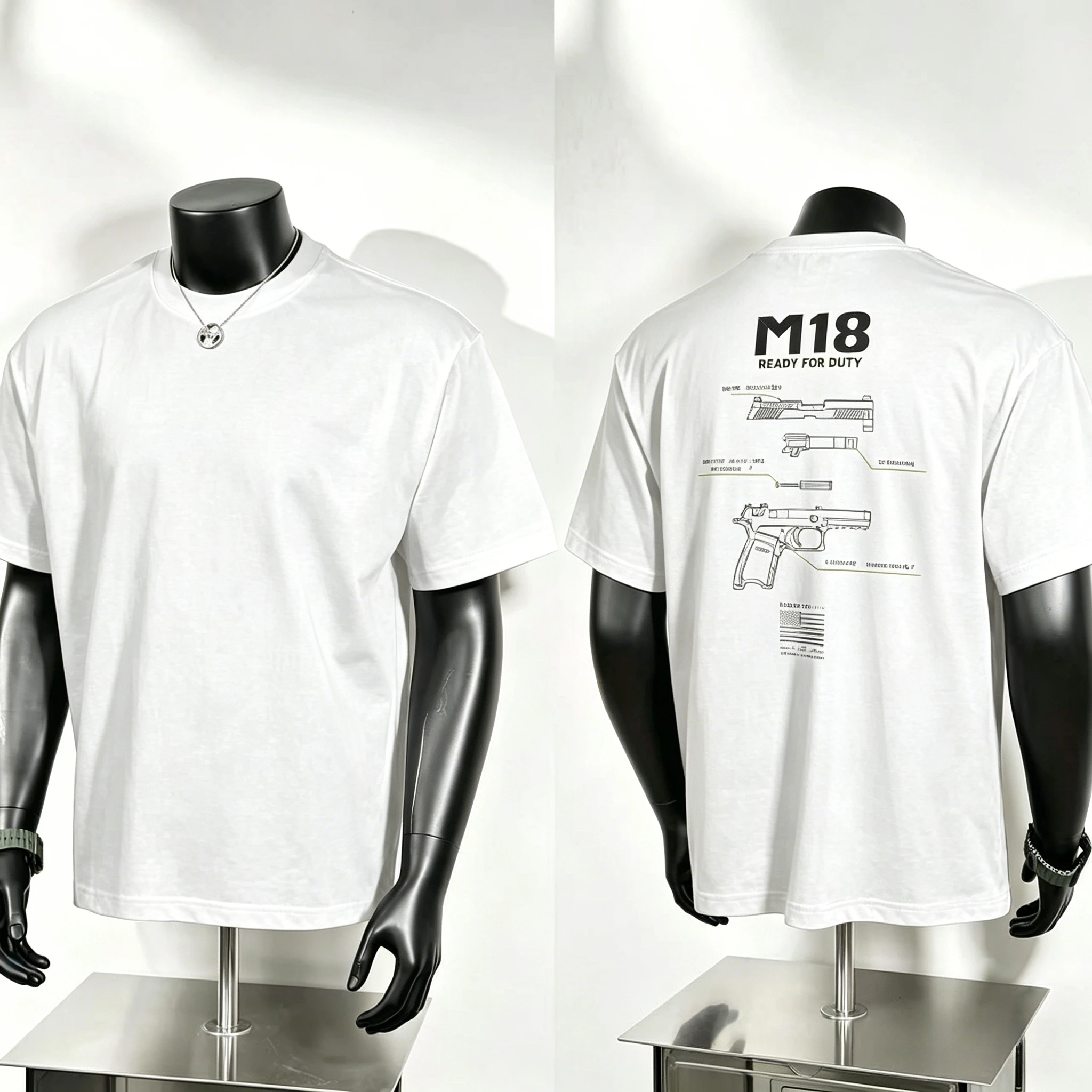 Firearm Blueprint Art T Shirt, M18 Ready for Duty Title with Marked‑up Pistol Exploded Mechanical Sketch Back Print