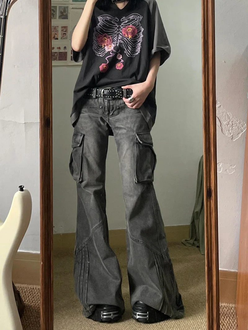 

Low Waist Flared Jeans Women's Summer Vintage Spicy American High Street Design Multi-Pocket Long Leggings Denim Pants