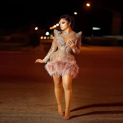 Luxury Prom Dresses for Women Beaded V Neck Short Mini Prom Dress Beading Rhinestones Feathers Party Gowns Custom Made