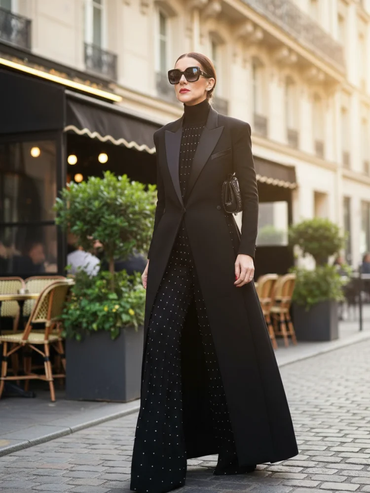 Bonboho 2026 Women\'s Elegant Blazer Jacket Solid Black Slim Long Sleeve Extra-Long Splited Blazer Coat Female Formal Outerwear