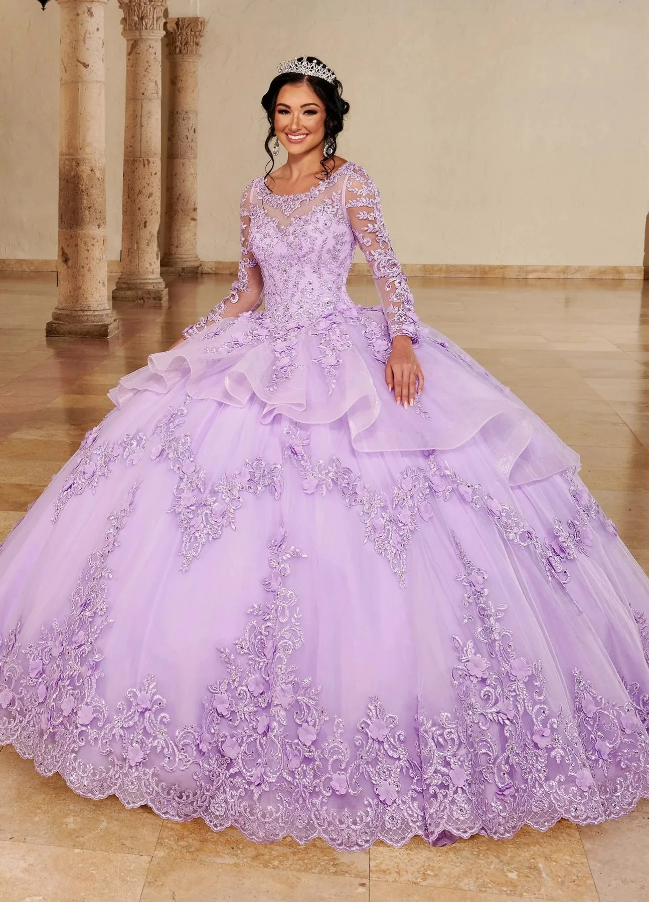 

Lilac Charro Quinceanera Dresses Ball Gown Long Sleeves Tulle Appliques Puffy Mexican Sweet 16 Dresses 15 Anos