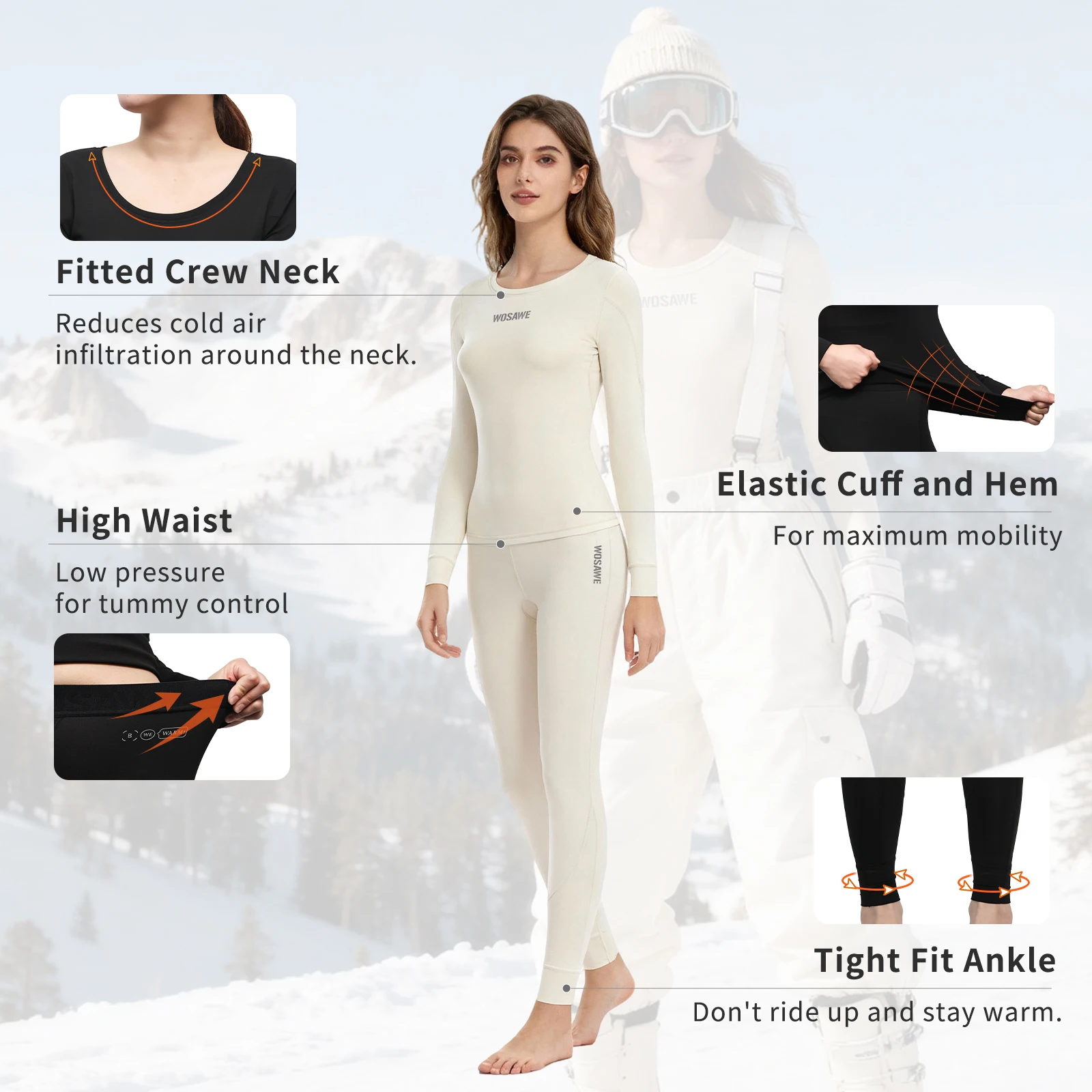 WOSAWE Women Ski Thermal Underwear Sets Moisture-wicking & Quick Drying Tight Crew Neck Seamless knitted Base Layer