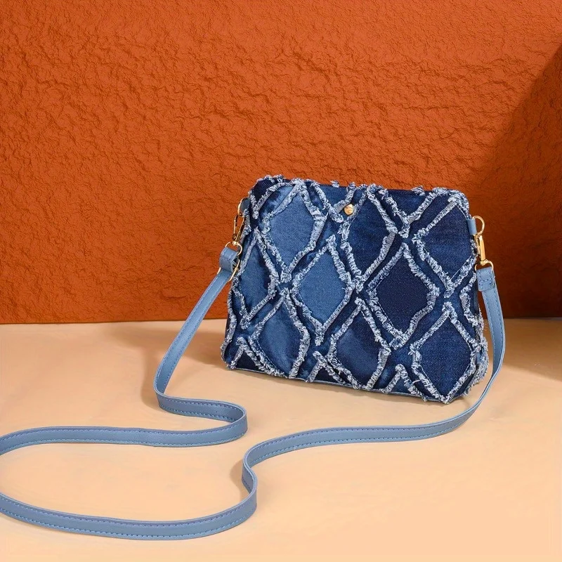 

Fashion travel shoulder denim bag solid color diamond simple shoulder women's bag versatile travel lightweight bucket bag