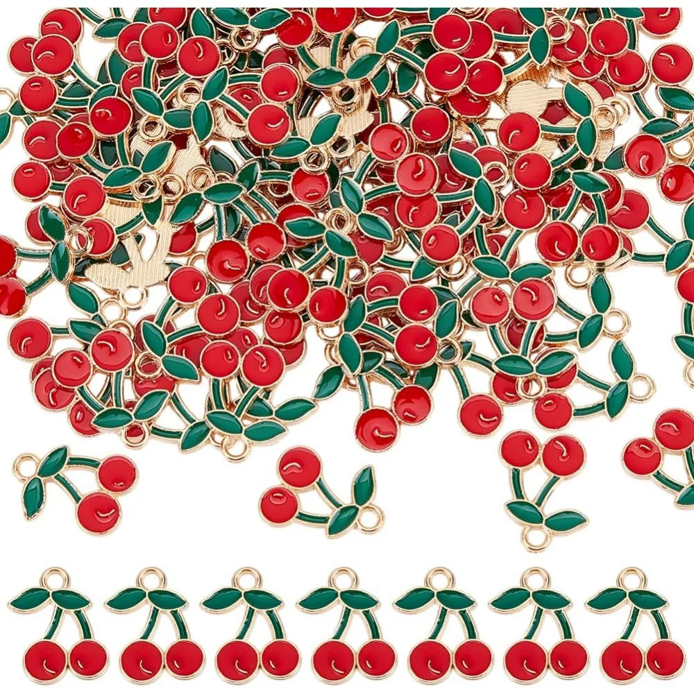 90Pcs Cherry Charms Red Alloy Fruit Cute Cherry Dangle Charms Bulk Berry Sweet Food Jewelry Hanging Ornament Necklace