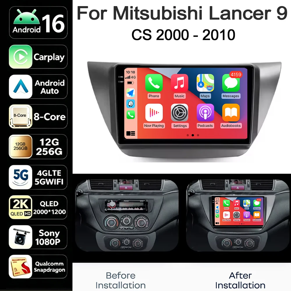 Android 16 CarPlay Android Auto For Mitsubishi Lancer 9 CS 2000-2010 Car Radio Stereo Navigation Multimedia Player Wireless GPS