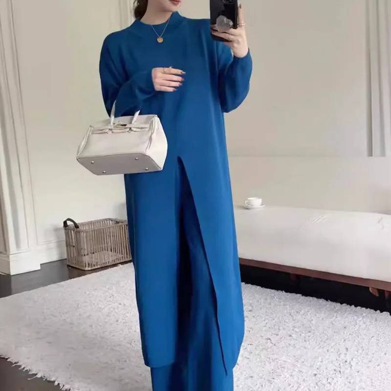 EAEOVNI بلون محبوك 2 قطعة مجموعة النساء شتاء جديد سبليت تصميم سترة طويلة واسعة الساق السراويل السراويل ملابس كاجوال