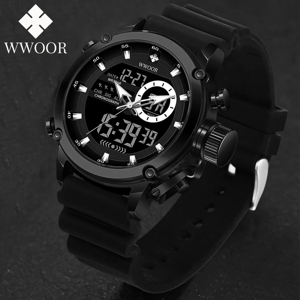 

WWOOR Fashion Men Watch Sport Digital LED Quartz Wristwatches Luminous Chronograph Watch Waterproof Male Clock Relogio Masculino