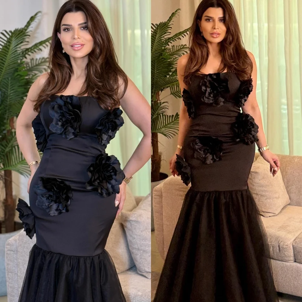 

Customized Mermaid Romantic Black Satin Evening Dress Classic Strapless Celebrity Gowns Temperament Flowers Homecoming Dresses