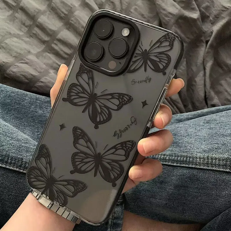 2023 Suitable Shockproof For iPhone 15 14 13 12 11 Pro Max XR XS 7 8 Plus Transparent Phone Case Coffee Black Butterfly Pattern