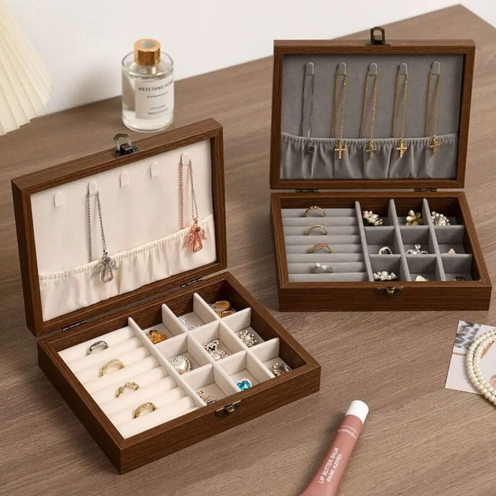 Walnut Wood Jewelry Organizer Box Velvet Interior Hinged Lid Necklace Hanging Panel Dust-Proof Removable Divider