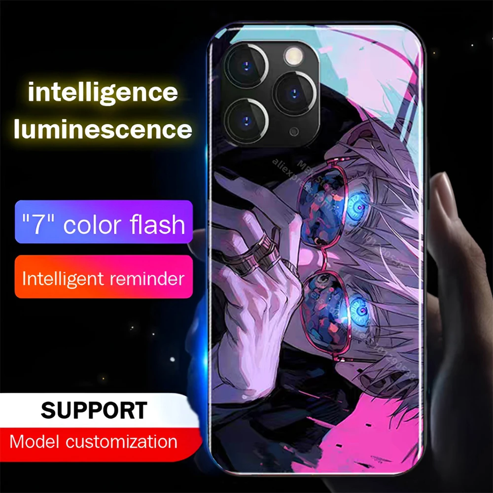 

Popular Japanese Anime Cartoon Smart LED Light Glow Tempered Glass Phone Case For iPhone 16 15 14 13 12 11 Pro Max X XR Plus