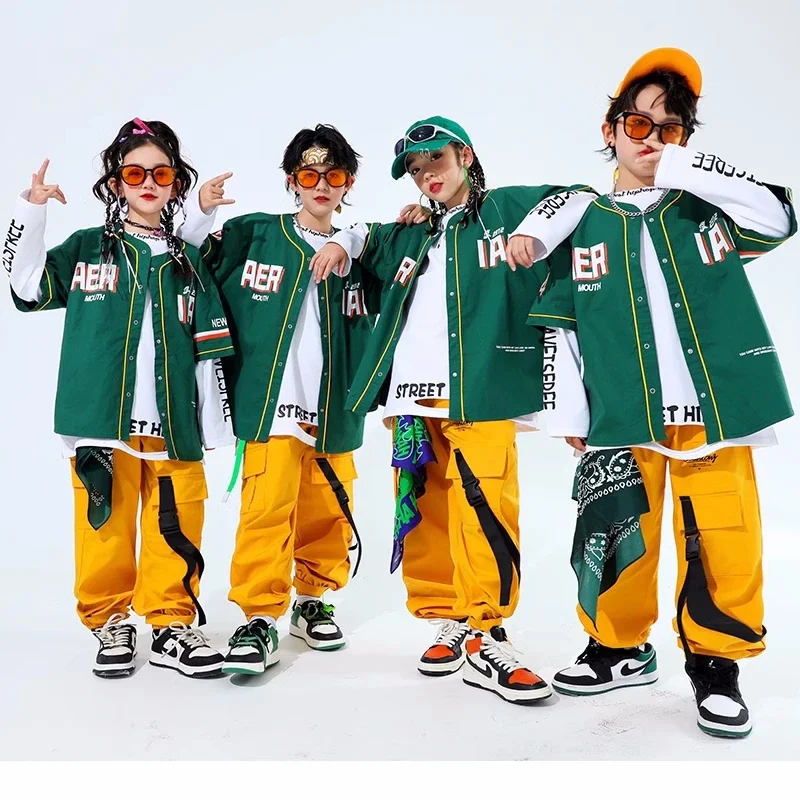 Hip Hop Kids Green Baseball Jacket Solid Cargo Pants Boys Girls Cool Streetwear Children Jazz Clothes Sets Street Dance Costumes