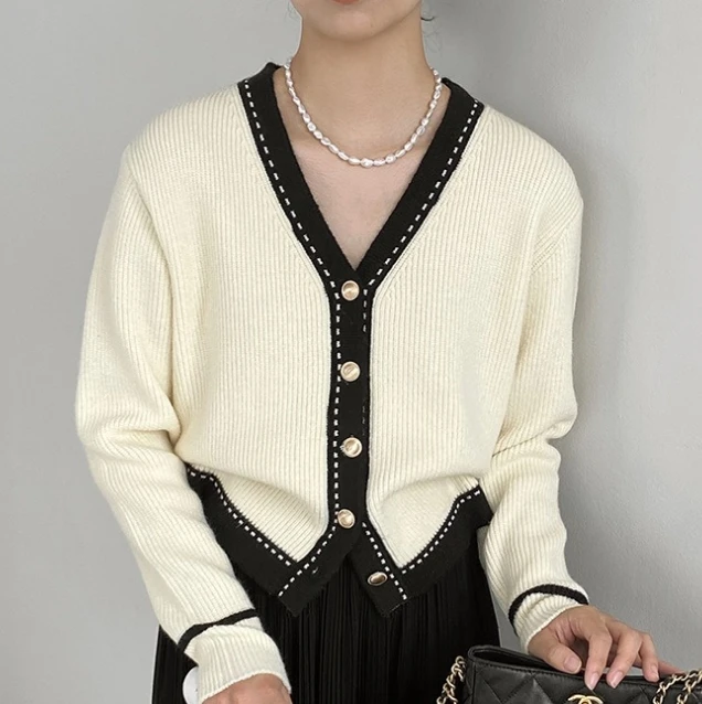 

Elegant Cardigan Women Fashion Colour Blocking V-neck Long Sleeve Knit Sweater Women Loose Jumper Jacket Tops