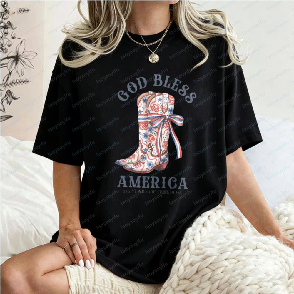 God Bless America Cowboy Boot Summer Tees Patriotic Events Perfect Gift Casual Western Style Women's T-Shirt Cotton Streetwear