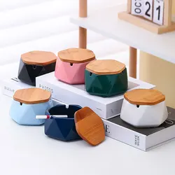 Modern Ceramics Ashtrays With Bamboo-Lid,Portable Ashtrays Tray,Home Decorative Desktop Ashtrays,Mini Trash Can,For Cigarettes
