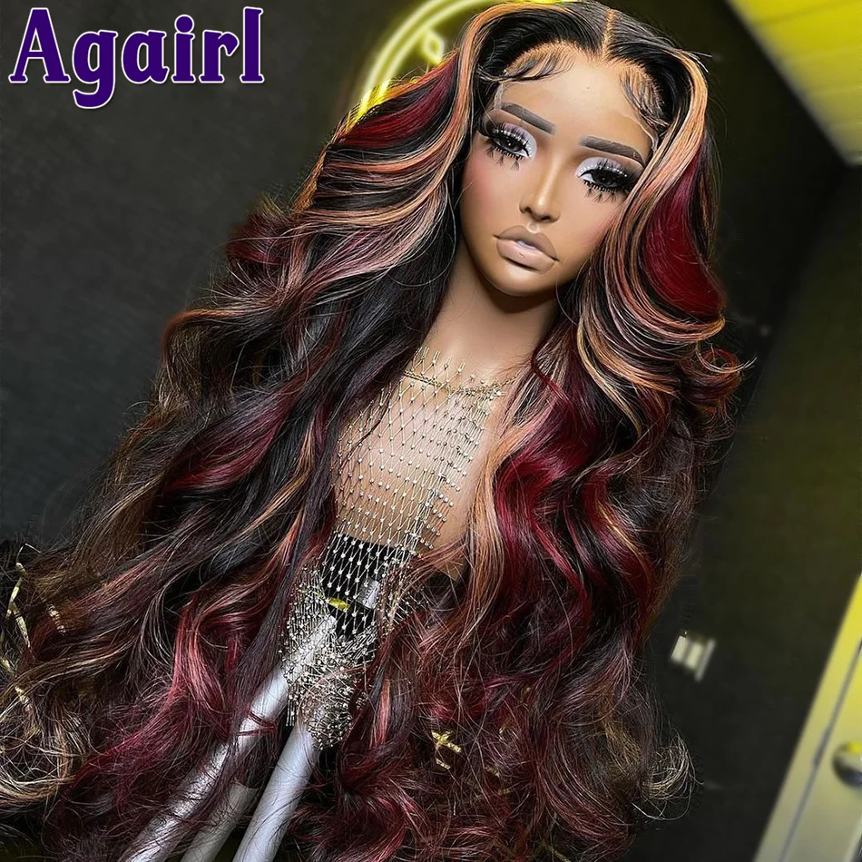 Hoogtepunt Donker Bordeaux Blonde Body Wave Menselijk Haar Pruiken 30 32 Inch Rechte Kant Frontale Pruiken Rood Blond 5X5 Kant sluiting Pruiken