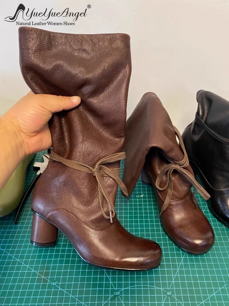 New Ladies Designer Slip On Round Toe Strap Genuine Leather Solid Color Knee High Heels Boots Elegant Fashion Woman Retro Shoes