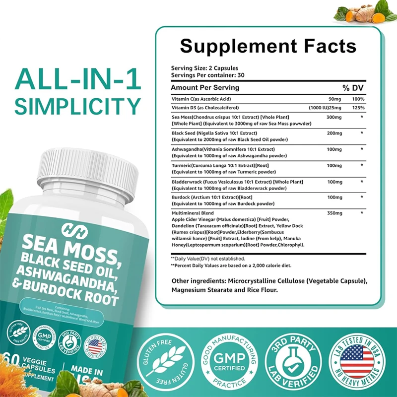 60 Capsules 7000mg Seaweed 4000mg Black Seed Oil 2000mg Ashwagandha Burdock Root Sea Anemone Root Vitamin C Curcumin