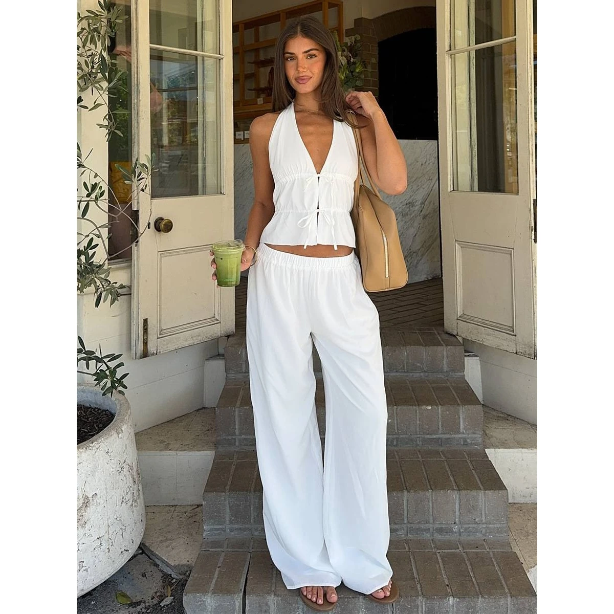 

Pure Cotton Halter Neck Vest And Wide Leg Pants Two Piece Set Spring Summer Belted Top Bottoms Combo Women's Fashion