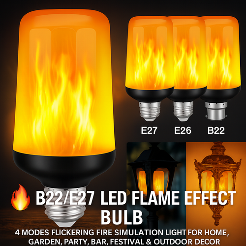 B22/E27 LED Flame Effect Bulb – 4 Modes Flickering Fire Simulation Light for Home, Garden, Party, Bar, Festival & Outdoor Decor - View 1 B22/E27 LED Flame Effect Bulb – 4 Modes Flickering Fire Simulation Light for Home, Garden, Party, Bar, Festival & Outdoor Decor - View 1