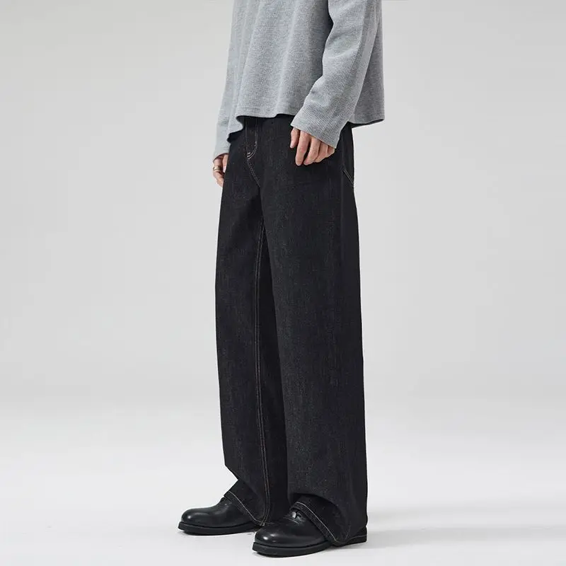 KSTUN Jeans neri solidi Pantaloni in denim a gamba larga da uomo Pantaloni larghi larghi alla moda casual Pantaloni da papà a figura intera Marchio di alta qualità
