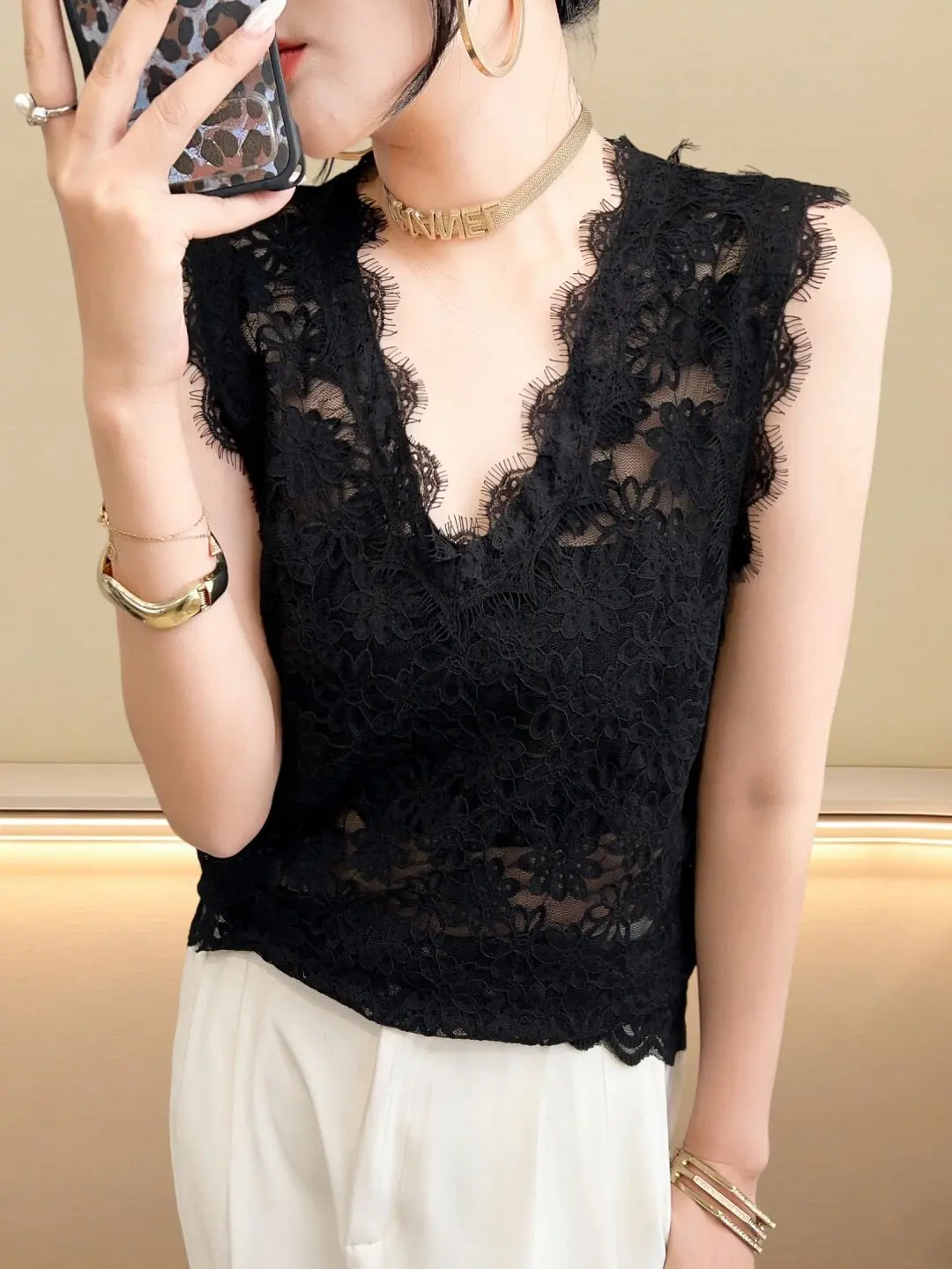Black Lace Halter Vest Women's Summer Design Sensation Outerwear Sleeveless V-neck Transparent Mesh Breathable Fashionable Top